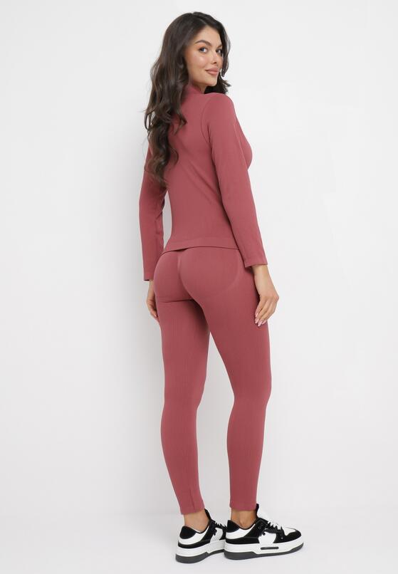 Ciemnoróżowy 3-częściowy Komplet Dzianinowy w Prążki Top Bluza i Legginsy Doulli 3