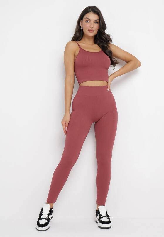 Ciemnoróżowy 3-częściowy Komplet Dzianinowy w Prążki Top Bluza i Legginsy Doulli 4