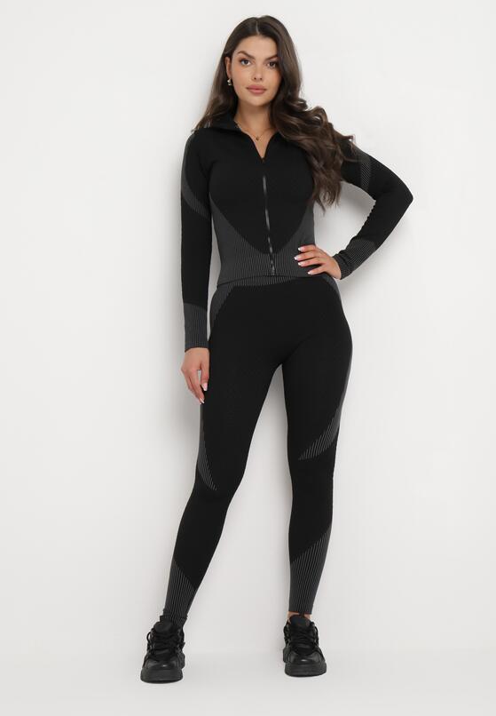Czarny 3-Częściowy Komplet Top bez Rękawów Bluza na Suwak i Legginsy Push-Up Aleieve 1