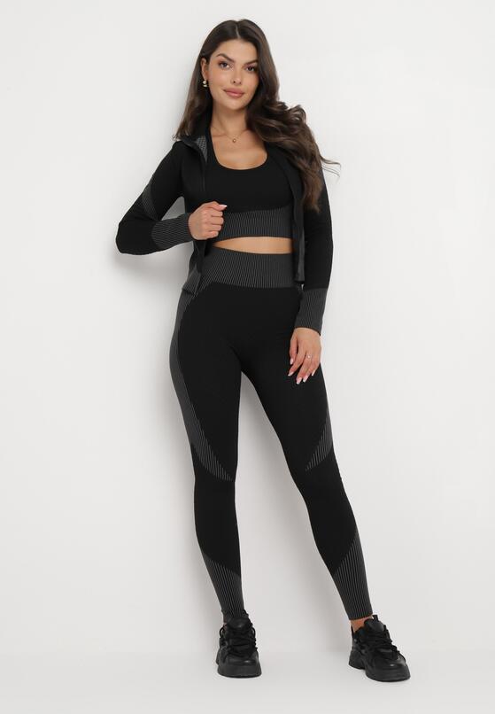 Czarny 3-Częściowy Komplet Top bez Rękawów Bluza na Suwak i Legginsy Push-Up Aleieve 2