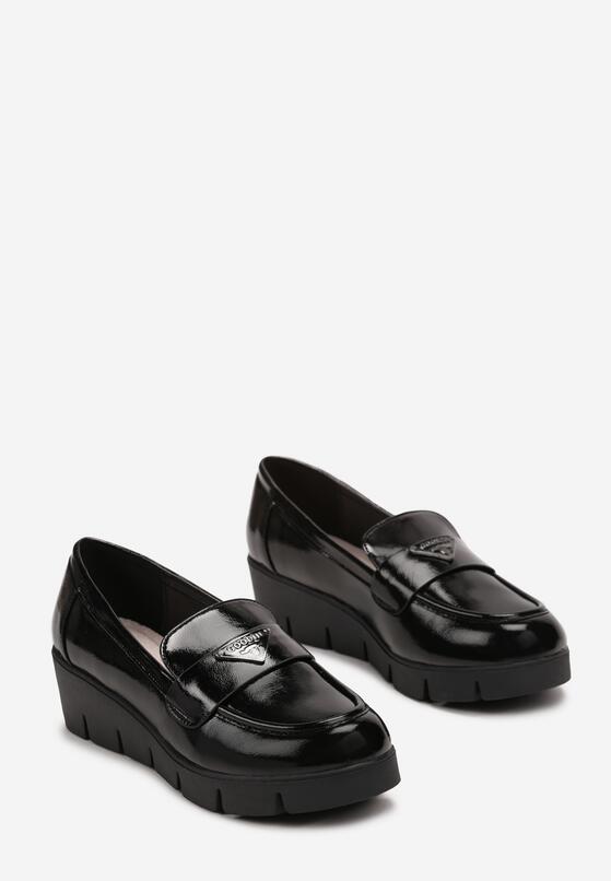 Czarne Lakierowane Mokasyny na Koturnie ze Skórzaną Wkładką Nokke 4