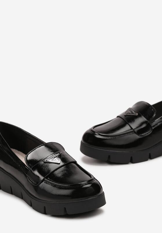 Czarne Lakierowane Mokasyny na Koturnie ze Skórzaną Wkładką Nokke 5