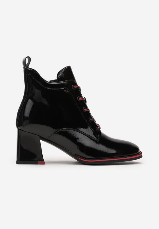 Czarne Lakierowane Botki na Słupku z Ozdobnym Sznurowaniem Psemma 3