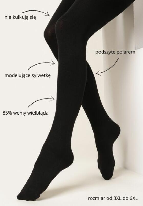 Czarne Termiczne Rajstopy 3XL-6XL z Wełną Wielbłądzią Mocno Kryjące Anetri 1