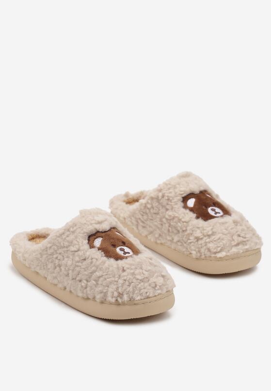 Beżowe Kapcie z Naszywką Misia ze Sztucznego Futra Sarnelia 4