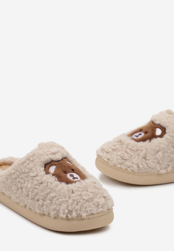 Beżowe Kapcie z Naszywką Misia ze Sztucznego Futra Sarnelia 5