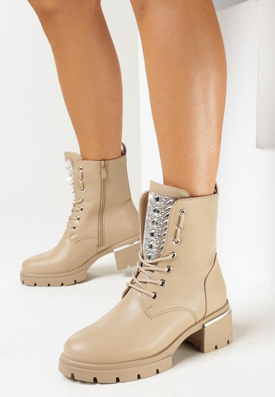 Ciemnobeżowe Botki Workery z Cyrkoniami na Języku Owane 1