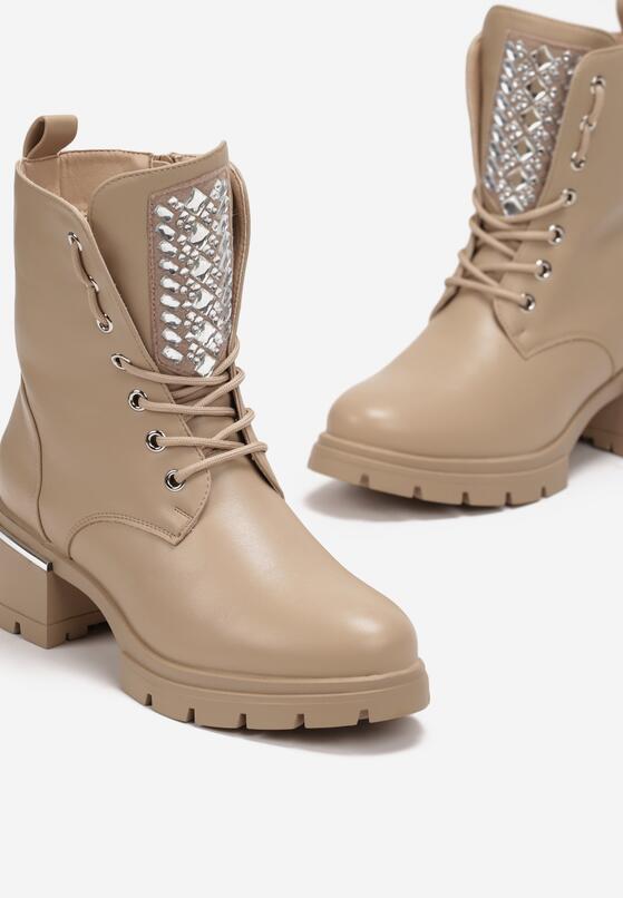 Ciemnobeżowe Botki Workery z Cyrkoniami na Języku Owane 5