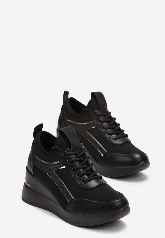 Czarne Sneakersy na Koturnie z Brokatem Labbse