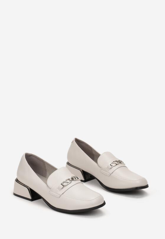 Beżowe Skórzane Półbuty na Niskim Słupku z Klamerką z Cyrkoniami Otuval 4