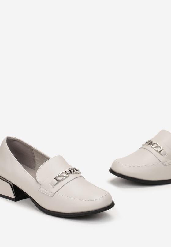 Beżowe Skórzane Półbuty na Niskim Słupku z Klamerką z Cyrkoniami Otuval 5