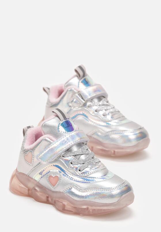 Srebrne Buty Sportowe z Serduszkami na Przeźroczystej Podeszwie z Metalicznym Błyskiem Sosephi 2