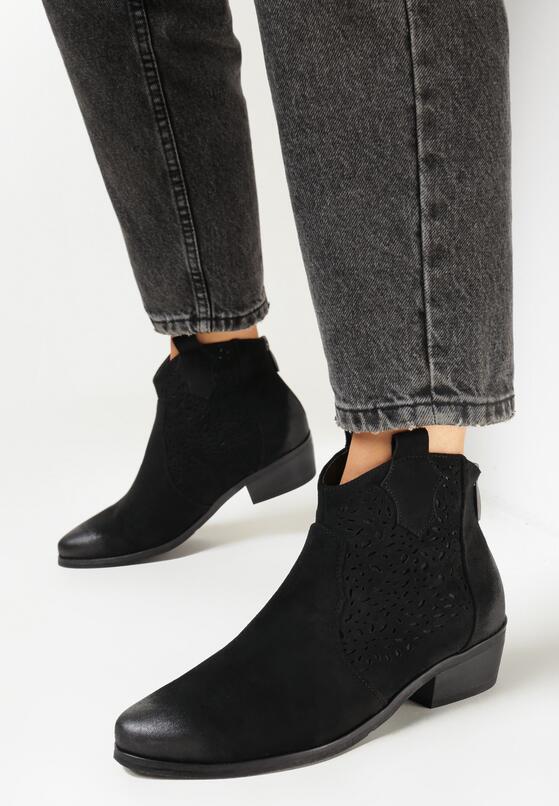 Czarne Botki Kowbojki na Płaskim Stożku z Imitacji Zamszu Amolni 1
