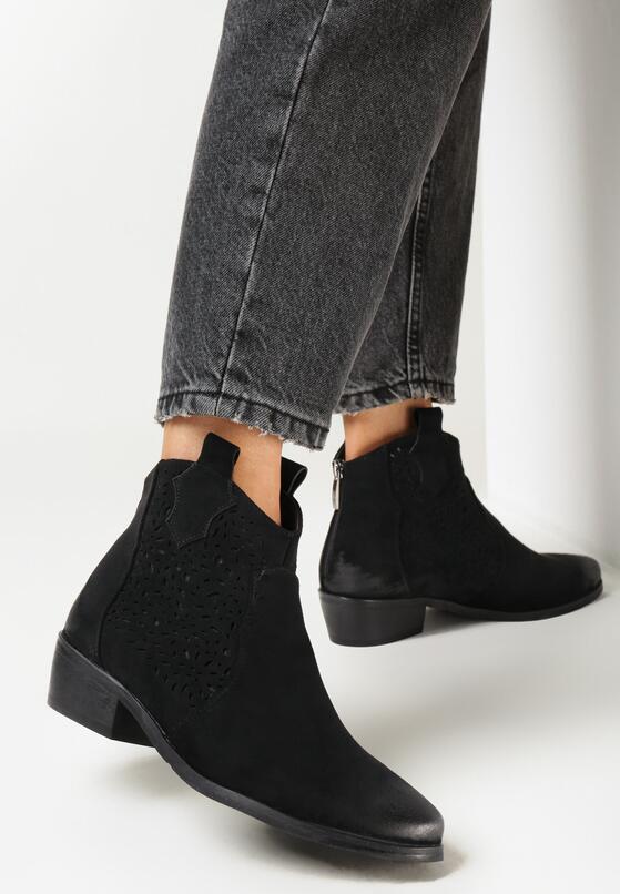 Czarne Botki Kowbojki na Płaskim Stożku z Imitacji Zamszu Amolni 2