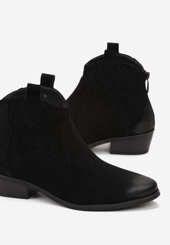 Czarne Botki Kowbojki na Płaskim Stożku z Imitacji Zamszu Amolni 5