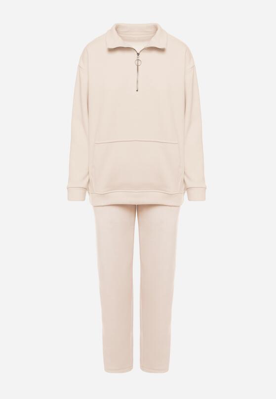Beżowy 2-częściowy Polarowy Komplet Dresowy z Bluzą i Szerokimi Spodniami Aldonor 6