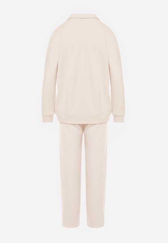 Beżowy 2-częściowy Polarowy Komplet Dresowy z Bluzą i Szerokimi Spodniami Aldonor 7