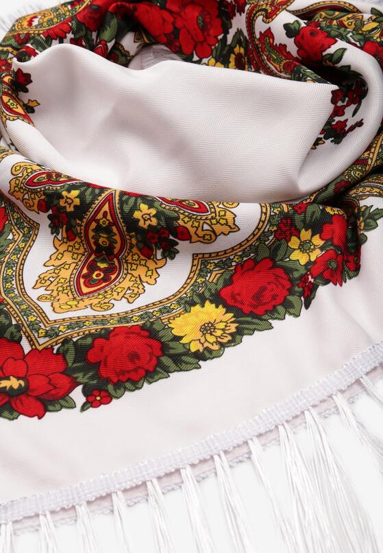 Biały Szalik z Wiskozy Ozdobiony Wzorem w Kwiaty i Frędzlami Bomxa 2