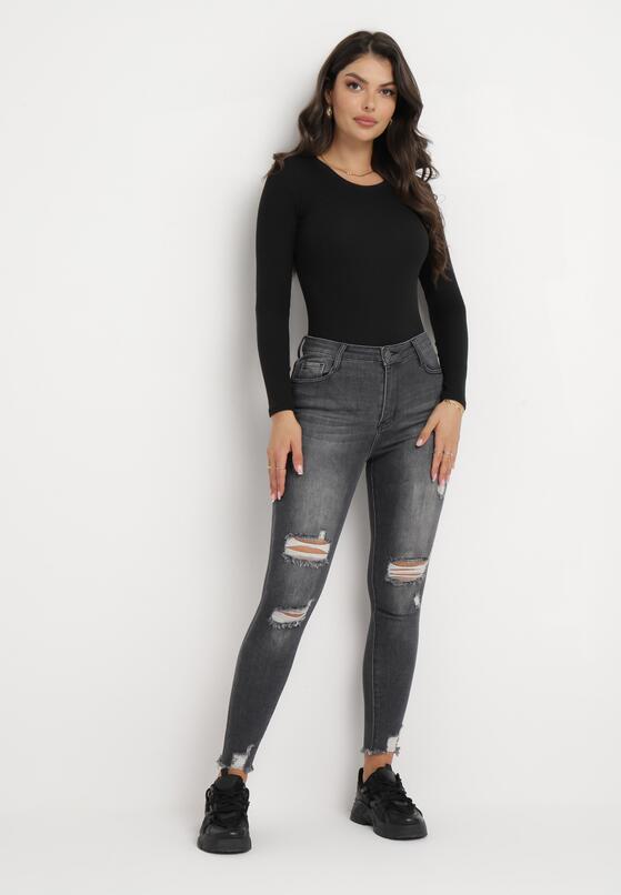 Czarne Jeansy Skinny z Wysokim Stanem i Przetarciami Cassina 2