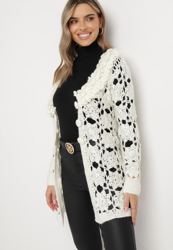 Jasnobeżowy Kardigan z Ażurowym Zdobieniem i Wiązanym Paskiem Sabelia 1