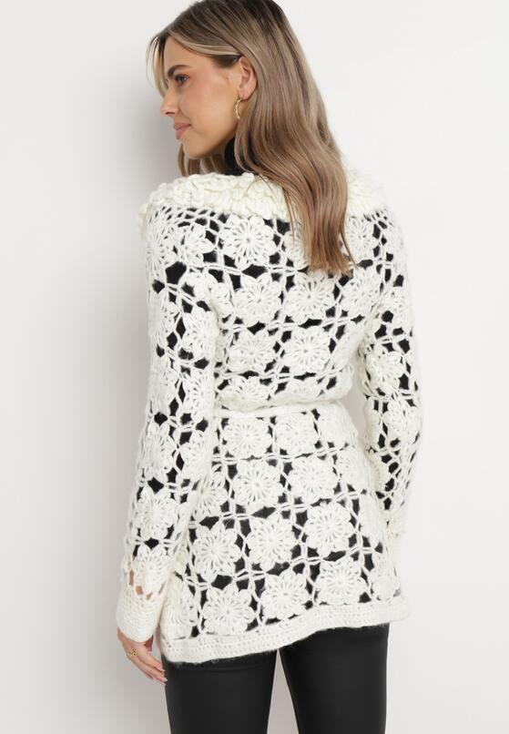 Jasnobeżowy Kardigan z Ażurowym Zdobieniem i Wiązanym Paskiem Sabelia 3