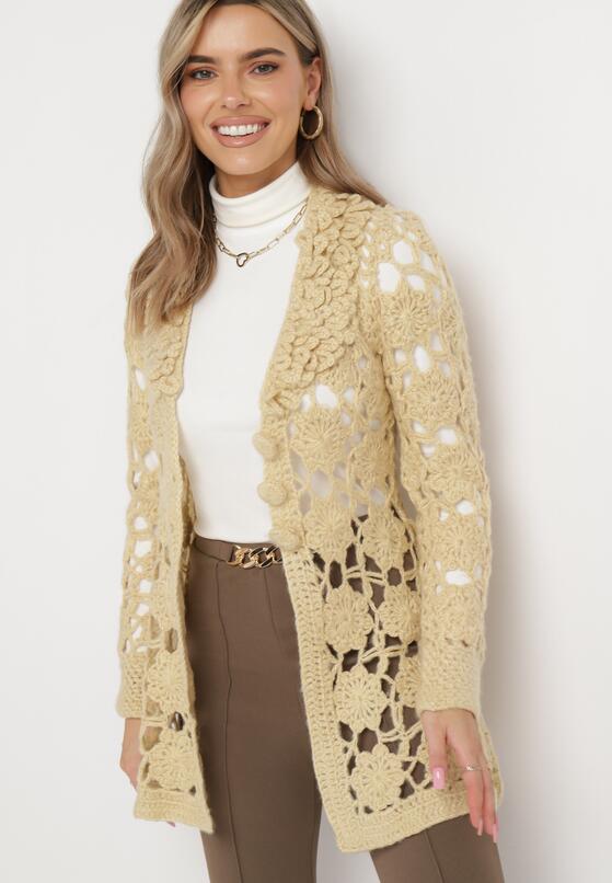 Beżowy Kardigan z Ażurowym Zdobieniem i Wiązanym Paskiem Sabelia 4