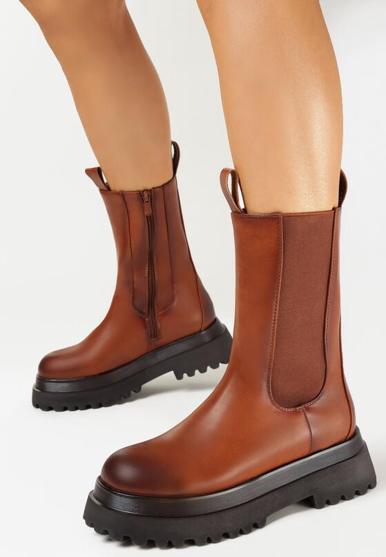 Brązowe Botki Sztyblety na Platformie Amune 1