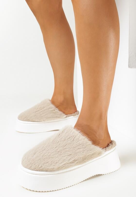 Beżowe Futrzane Kapcie na Platformie Lanen 1