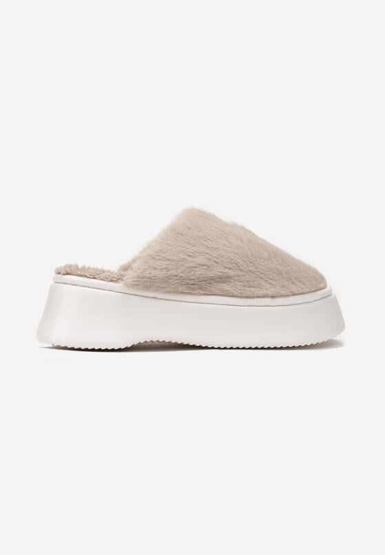 Beżowe Futrzane Kapcie na Platformie Lanen 3