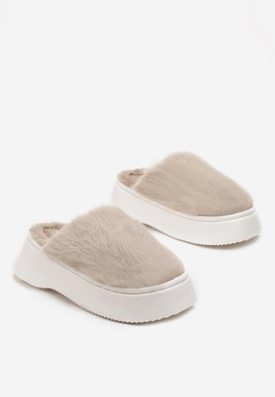 Beżowe Futrzane Kapcie na Platformie Lanen 4