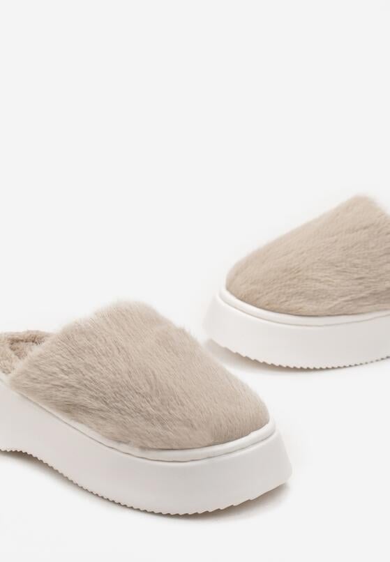 Beżowe Futrzane Kapcie na Platformie Lanen 5