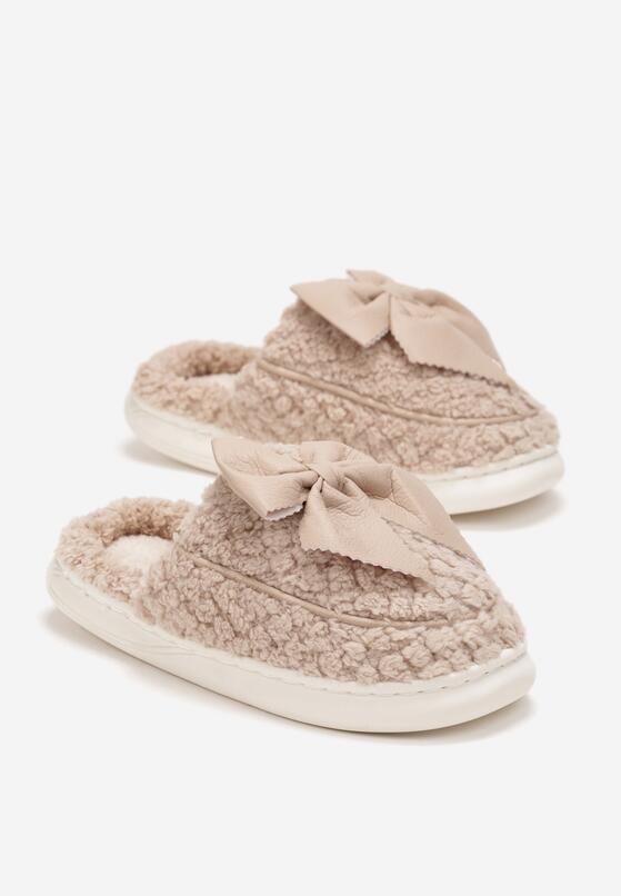 Ciemnobeżowe Kapcie z Futerkiem i Kokardką Caeris 4