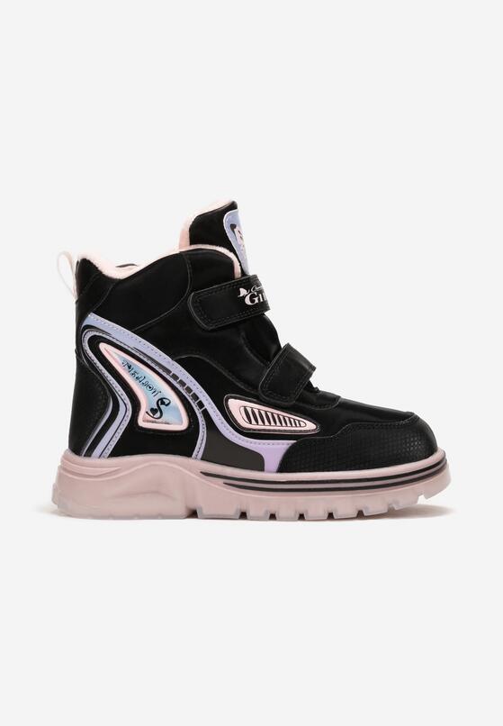 Czarno-Różowe Mocno Ocieplone Botki Sportowe z Rzepami i Naszywkami Kauia 1