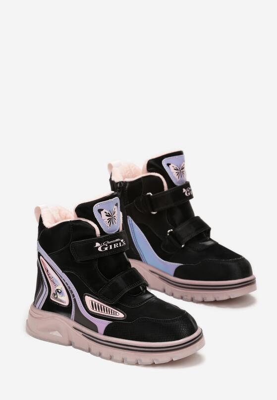 Czarno-Różowe Mocno Ocieplone Botki Sportowe z Rzepami i Naszywkami Kauia 2