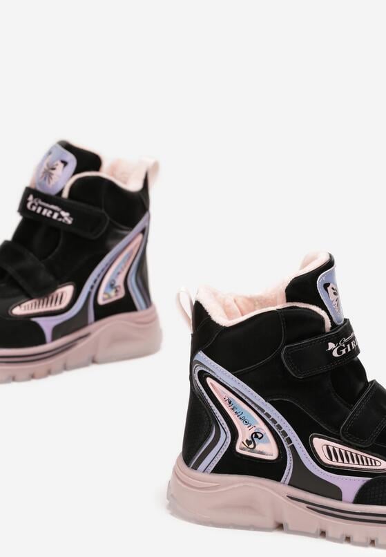 Czarno-Różowe Mocno Ocieplone Botki Sportowe z Rzepami i Naszywkami Kauia 3