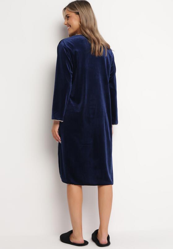 Granatowy Komplet Szlafrok i Koszula Nocna z Weluru Semite 3