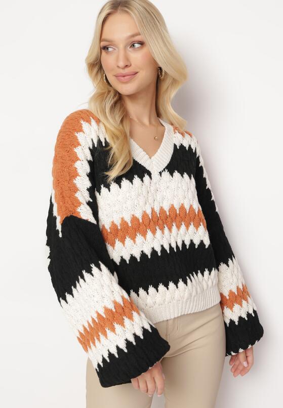 Beżowy Sweter Oversize z Ozdobnym Wzorem Dzianiny Mexio 1