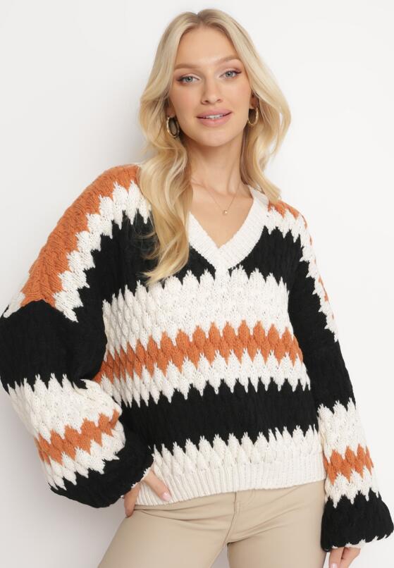 Beżowy Sweter Oversize z Ozdobnym Wzorem Dzianiny Mexio 2
