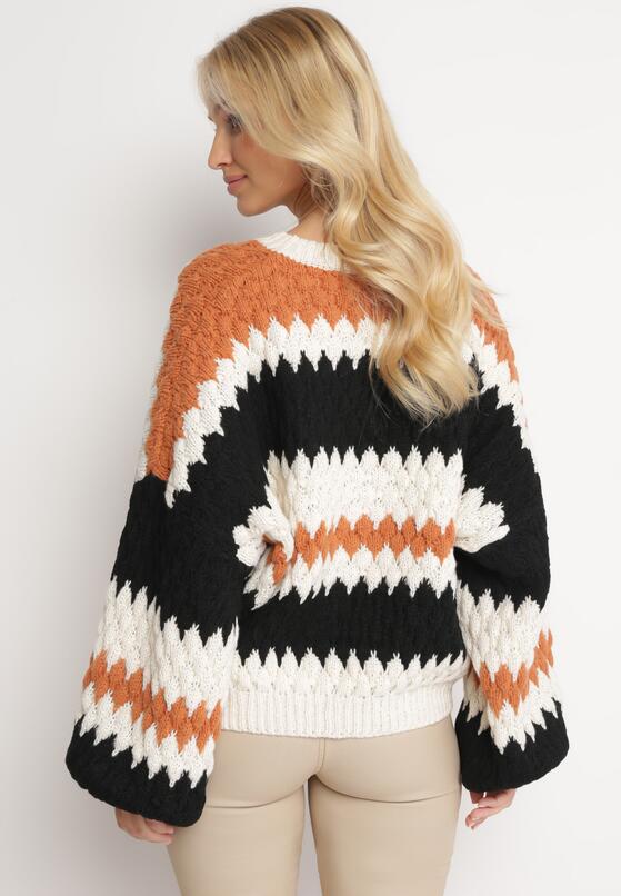 Beżowy Sweter Oversize z Ozdobnym Wzorem Dzianiny Mexio 3