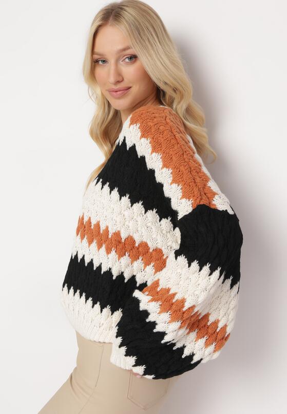 Beżowy Sweter Oversize z Ozdobnym Wzorem Dzianiny Mexio 4