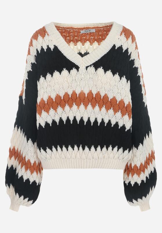 Beżowy Sweter Oversize z Ozdobnym Wzorem Dzianiny Mexio 6