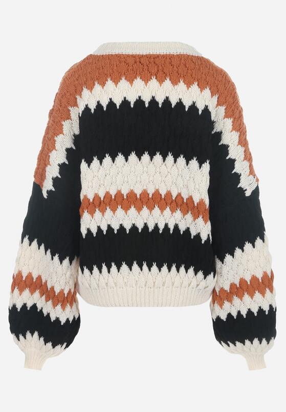 Beżowy Sweter Oversize z Ozdobnym Wzorem Dzianiny Mexio 7