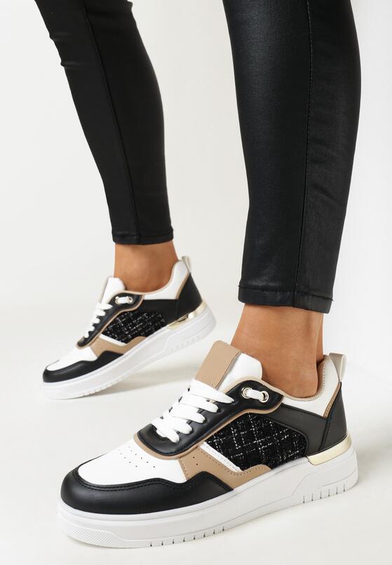 Czarne Sneakersy na Niskiej Platformie z Tweedową Wstawką Niman 2