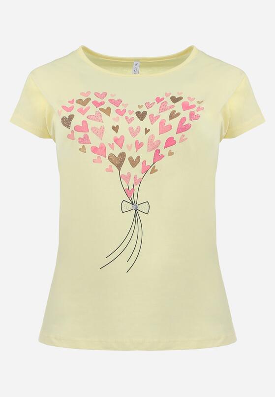 Żółty Bawełniany T-shirt z Nadrukiem w Serca Zdobiony Brokatem i Rękawami Typu Nietoperz Dipti 6