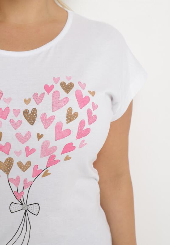 Biały Bawełniany T-shirt z Nadrukiem w Serca Zdobiony Brokatem i Rękawami Typu Nietoperz Dipti 5
