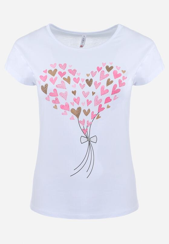Biały Bawełniany T-shirt z Nadrukiem w Serca Zdobiony Brokatem i Rękawami Typu Nietoperz Dipti 6