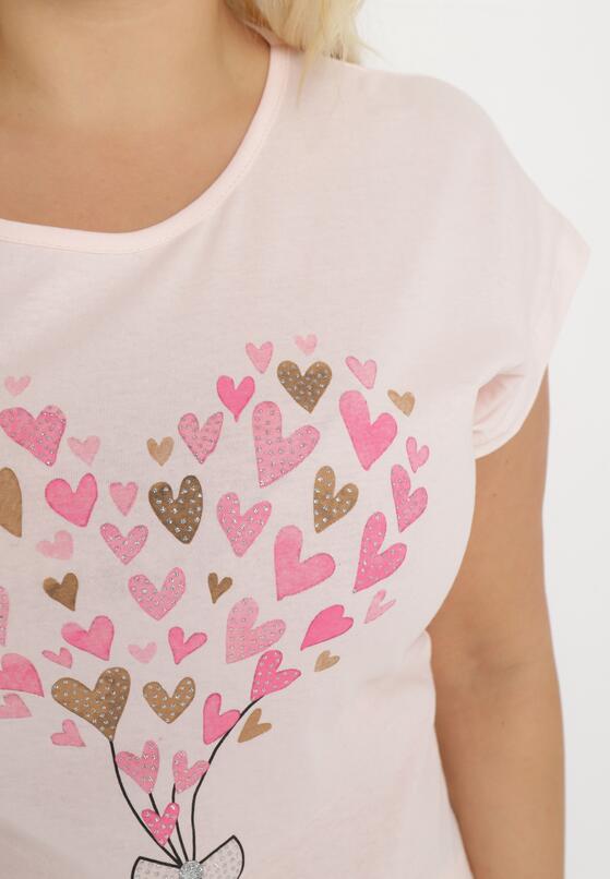 Różowy Bawełniany T-shirt z Nadrukiem w Serca Zdobiony Brokatem i Rękawami Typu Nietoperz Dipti 5