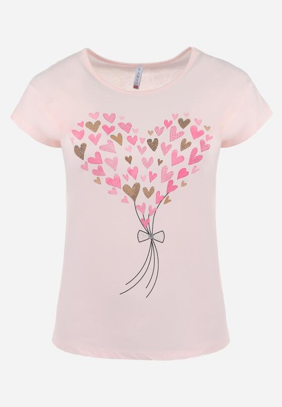 Różowy Bawełniany T-shirt z Nadrukiem w Serca Zdobiony Brokatem i Rękawami Typu Nietoperz Dipti 6