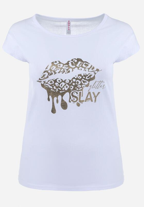 Biały T-shirt z Metalicznym Złotym Nadrukiem Slay Khaji 6