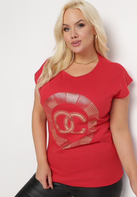Czerwony Bawełniany T-shirt z Metalicznym Nadrukiem Lapur 2